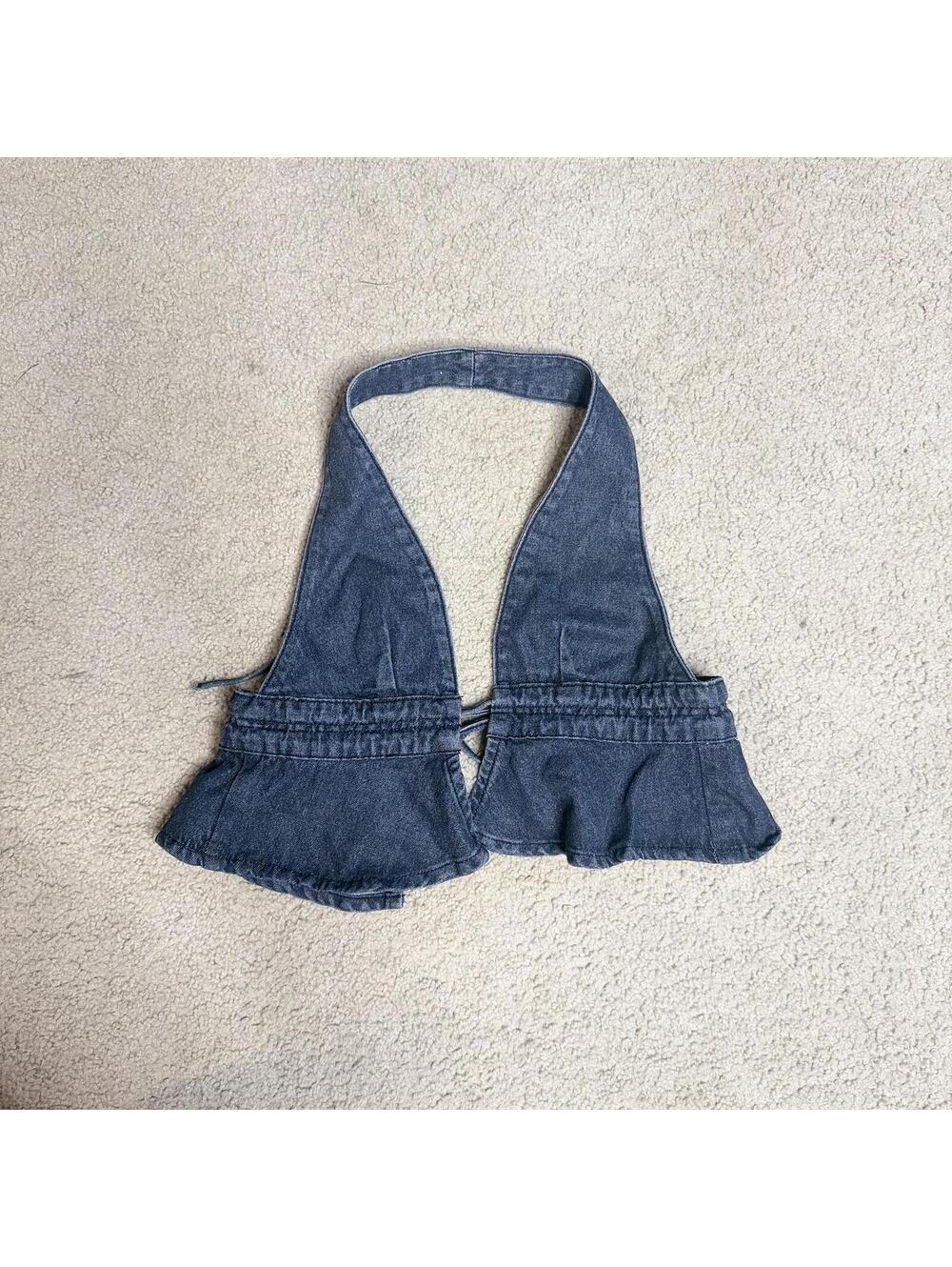 Y2K Denim Halter Peplum Top Open Back Plunge Neck Festival Size S